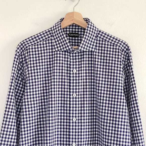Tom Ford Men’s Slim Fit Gingham Check French Cuff Dress Shirt Blue 43 EU 17 US - Picture 3 of 16